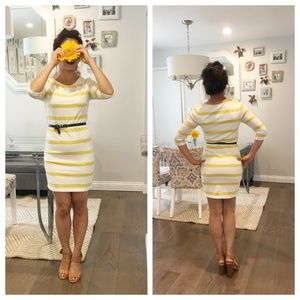 Yellow Stripes White Dress Long Sleeves